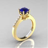 Classic French 14K Yellow Gold 1.0 Ct Blue Sapphire Diamond Solitaire Ring R101-14YGDBS
