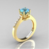 Classic French 14K Yellow Gold 1.0 Ct Blue Topaz Diamond Solitaire Ring R101-14YGDBT
