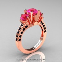 Classic French 14K Rose Gold Three Stone 2.0 Ct Pink Sapphire Black Diamond Solitaire Ring R421-14KRGBDPS