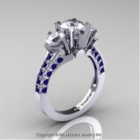 Classic French 14K White Gold Three Stone 2.0 Ct CZ Blue Sapphire Solitaire Ring R421-14KWGBSCZ