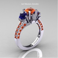 Classic French 14K White Gold Three Stone 2.0 Ct Orange and Blue Sapphire Solitaire Ring R421-14KWGBSOS
