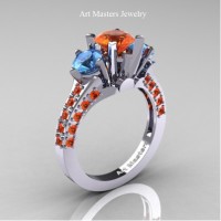 Classic French 14K White Gold Three Stone 2.0 Ct Orange Sapphire Blue Topaz Solitaire Ring R421-14KWGBTOS