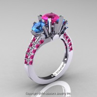 Classic French 14K White Gold Three Stone 2.0 Ct Pink Sapphire Blue Topaz Solitaire Ring R421-14KBGBTPS