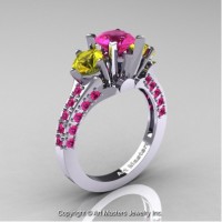 Classic French 14K White Gold Three Stone 2.0 Ct Pink and Yellow Sapphire Solitaire Ring R421-14KBGYSPS