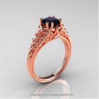 French 14K Rose Gold 1.0 Ct Princess Black and White Diamond Lace Engagement Ring Wedding Ring R175P-14KRGDBD
