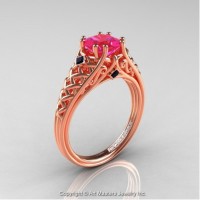 French 14K Rose Gold 1.0 Ct Princess Pink Sapphire Black Diamond Lace Engagement Ring Wedding Ring R175P-14KRGBDPS