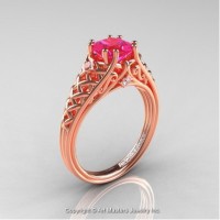 French 14K Rose Gold 1.0 Ct Princess Pink Sapphire Diamond Lace Engagement Ring Wedding Ring R175P-14KRGDPS