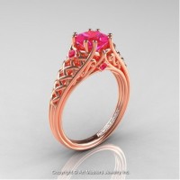 French 14K Rose Gold 1.0 Ct Princess Pink Sapphire Lace Engagement Ring Wedding Ring R175P-14KRGPS
