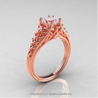 French 14K Rose Gold 1.0 Ct Princess White Sapphire Diamond Lace Engagement Ring Wedding Ring R175P-14KRGDWS