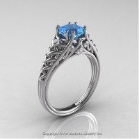 French 14K White Gold 1.0 Ct Princess Blue Topaz Diamond Lace Engagement Ring Wedding Ring R175P-14KWGDBT