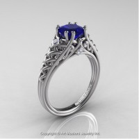 French 14K White Gold 1.0 Ct Princess Blue Sapphire Diamond Lace Engagement Ring Wedding Ring R175P-14KWGDBS