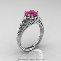French 14K White Gold 1.0 Ct Princess Pink Sapphire Diamond Lace Engagement Ring Wedding Ring R175P-14KWGDPS