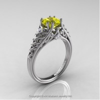 French 14K White Gold 1.0 Ct Princess Yellow Sapphire Diamond Lace Engagement Ring Wedding Ring R175P-14KWGDYS