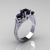 Classic 14K White Gold Three Stone Black and White Diamond Solitaire Ring R200-14KWGDBD