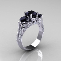 Classic 14K White Gold Three Stone Black Moissanite White Diamond Solitaire Ring R200-14KWGDBM