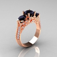 Classic 10K Rose Gold Three Stone Black and White Diamond Solitaire Ring R200-10KRGDBD