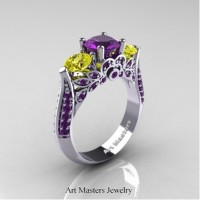 Classic 14K White Gold Three Stone Amethyst Yellow Sapphire Solitaire Ring R200-14KWGYSAM