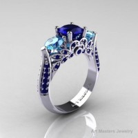 Classic 14K White Gold Three Stone Blue Sapphire Blue Topaz Solitaire Ring R200-14KWGBTBS