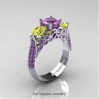 Classic 14K White Gold Three Stone Lilac Amethyst Yellow Sapphire Solitaire Ring R200-14KWGYSLAM