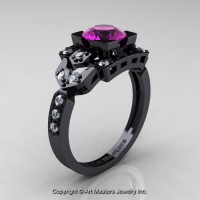 Classic 14K Black Gold 1.0 Ct Amethyst Diamond Engagement Ring Wedding Ring R510-14KBGDAM