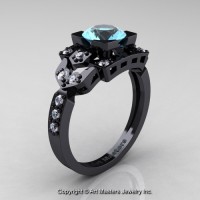 Classic 14K Black Gold 1.0 Ct Aquamarine Diamond Engagement Ring Wedding Ring R510-14KBGDAQ