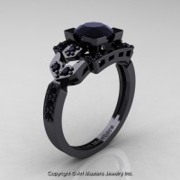 Classic 14K Black Gold 1.0 Ct Black Diamond Engagement Ring Wedding Ring R510-14KBGBD