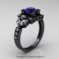 Classic 14K Black Gold 1.0 Ct Blue Sapphire Diamond Engagement Ring Wedding Ring R510-14KBGDBS
