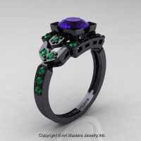 Classic 14K Black Gold 1.0 Ct Blue Sapphire Emerald Engagement Ring Wedding Ring R510-14KBGEMBS