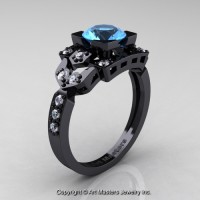 Classic 14K Black Gold 1.0 Ct Blue Topaz Diamond Engagement Ring Wedding Ring R510-14KBGDBT