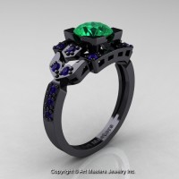 Classic 14K Black Gold 1.0 Ct Emerald Blue Sapphire Engagement Ring Wedding Ring R510-14KBGBSEM