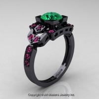 Classic 14K Black Gold 1.0 Ct Emerald Pink Sapphire Engagement Ring Wedding Ring R510-14KBGPSEM