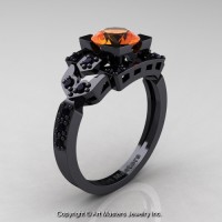 Classic 14K Black Gold 1.0 Ct Orange Sapphire Black Diamond Engagement Ring Wedding Ring R510-14KBGBDOS