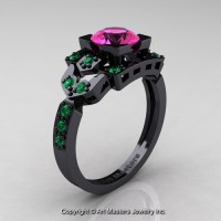 Classic 14K Black Gold 1.0 Ct Pink Sapphire Emerald Engagement Ring Wedding Ring R510-14KBGEMPS