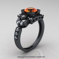 Classic 14K Flat Black Gold 1.0 Ct Orange Sapphire Diamond Engagement Ring Wedding Ring R510-14KFBGDOS