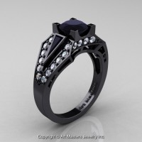 Edwardian 14K Black Gold 1.0 Ct Black and White Diamond Engagement Ring R285-14KBGDBD