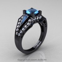 Edwardian 14K Black Gold 1.0 Ct Blue Topaz Diamond Engagement Ring R285-14KBGDBT