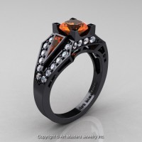 Edwardian 14K Black Gold 1.0 Ct Orange Sapphire Diamond Engagement Ring R285-14KBGDOS