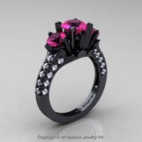 French 14K Black Gold Three Stone 2.0 Ct Pink Sapphire Diamond Solitaire Wedding Ring R421-14KBGDPS