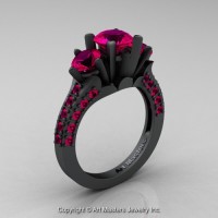 French 14K Matte Black Gold Three Stone 2.0 Ct Rose Ruby Solitaire Wedding Ring R421-14KMBGRR