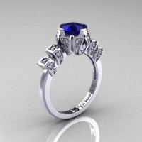 Edwardian 14K White Gold 1.0 CT Blue Sapphire Diamond Ballerina Engagement Ring R241-14KWGDBS