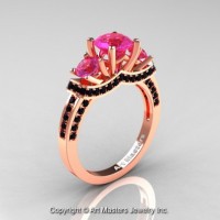 French 14K Rose Gold Three Stone Pink Sapphire Black Diamond Engagement Ring Wedding Ring R182-14KRGBDPS