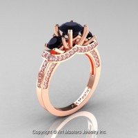 French 14K Rose Gold Three Stone Black and White Diamond Engagement Ring Wedding Ring R182-14KRGDBD