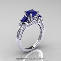 French 14K White Gold Three Stone Princess Blue Sapphire Diamond Engagement Ring R183-14KWGDBS