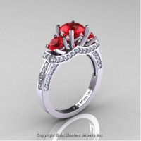 French 14K White Gold Three Stone Rubies Diamond Engagement Ring Wedding Ring R182-14KWGDR