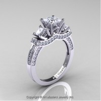 French 14K White Gold Three Stone Princess CZ Diamond Engagement Ring R183-14KWGDCZ