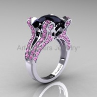 French Vintage 14K White Gold 3.0 CT Black Diamond Light Pink Sapphire Pisces Wedding Ring Engagement Ring Y228-14KWGLPSBD