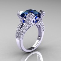 French Vintage 14K White Gold 3.0 CT London Blue Sapphire Diamond Pisces Wedding Ring Engagement Ring Y228-14KWGDLBS