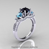 French 14K White Gold Three Stone Black Diamond Blue Topaz Diamond Engagement Ring Wedding Ring R182-14KWGDBTBD