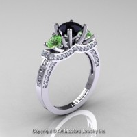 French 14K White Gold Three Stone Black Diamond Green Topaz Diamond Engagement Ring Wedding Ring R182-14KWGDGTBD