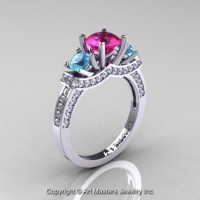 French 14K White Gold Three Stone Pink Sapphire Blue Topaz Diamond Engagement Ring Wedding Ring R182-14KWGDBTPS